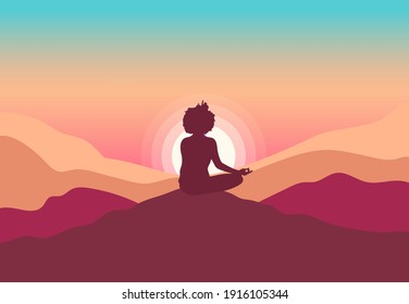 Black Woman in sunset meditation with moutains and vector in nature and leaves