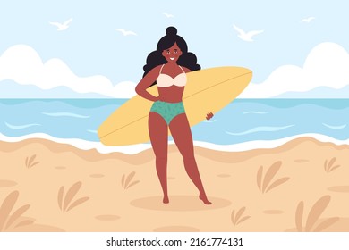 Black Woman With Surfboard On The Beach. Summer Activity, Summertime, Surfing. Hello Summer. Summer Vacation. Hand Drawn Vector Illustration 