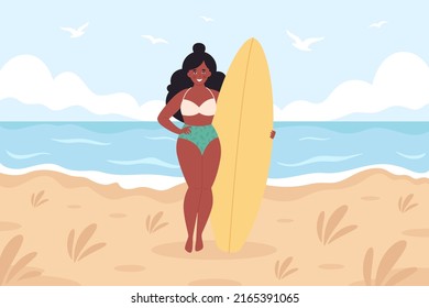 Black woman with surfboard on the beach. Summer activity, summertime, surfing. Hello summer. Summer Vacation. Hand drawn vector illustration 