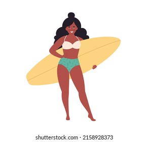 Black woman with surfboard. Summer activity, summertime, surfing. Hello summer. Summer Vacation. Hand drawn vector illustration 