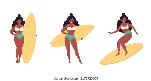 Black woman with surfboard. Summer activity, water sport, surfing. Hello summer. Summer Vacation. Hand drawn vector illustration 