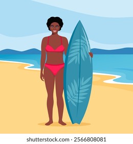 Black woman surfer with surfboard standing on the beach. Smiling surfer girl. Vector illustration