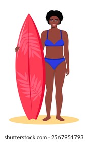 Black woman surfer with surfboard standing on the beach. Smiling surfer girl. Vector illustration