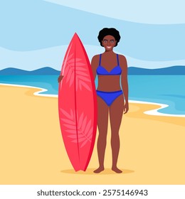 Black woman surfer with surfboard standing on the beach. Smiling surfer girl. Vector illustration