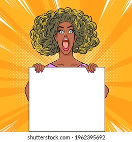 black woman surprise gesture and white board blank paper.Girl Holding Speech sign Shouting Standing On comics Background