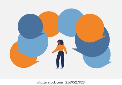 black woman surrounded by many speech bubbles. gossip, criticism, toxic communication in business, social pressure, addiction from others points of view concepts. vector illustration