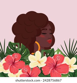 Black woman surrounded by vibrant tropical flowers and leaves. Black Lives Matter. Empowering representation of grace and resilience