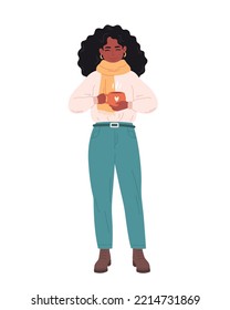 Black woman in sweater with cup of hot drink. Woman with coffee. Winter time, happy holidays, hygge. Hand drawn vector illustration