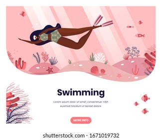 Black Woman Swimming With Mask Underwater. Sea Beach Vacation. Dive Under Water And Swim. Vector Web Site Design Template. Landing Page Website Concept Illustration