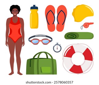 Black woman in swimsuit. Swimming equipment for swimming training. Swimsuit, goggles, flippers, swim cap, water bottle, towel, stopwatch, whistle sport bag