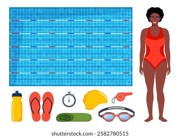 Black woman in swimsuit. Swimming pool and equipment for swimming training. Swimsuit, goggles, flippers, swim cap, water bottle, towel, stopwatch, whistle, sport bag.