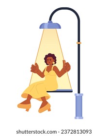 Black woman swing lamp post 2D illustration concept. African american lady swinging under street light isolated cartoon character, white background. Magic night metaphor abstract flat vector graphic