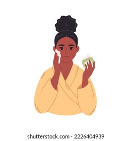 Black woman take care of skin and applying organic cosmetic cream on face. Healthy lifestyle and treatment for wrinkles, pimples. Hand drawn vector illustration