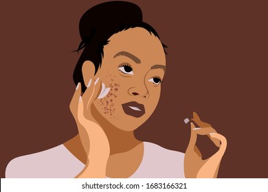 Black woman takes care of her acne. Daily routine for skin condition with face cream.