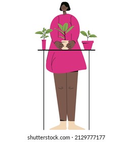 Black woman takes care of houseplants. The concept of gardening hobbies and gardening, household chores. Flat vector illustration isolated on white background