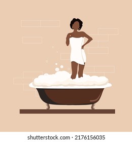 Black Woman Taking Bath, Relaxing In Bath. Body Care, Time To Yourself Concept. Vintage, Retro Cartoon Flat Vector Illustration