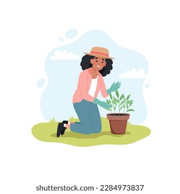 Black woman taking care of plant. Female gardener in spring. Cute vector illustartion in flat cartoon style