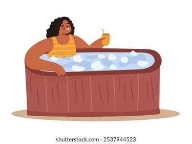 Black woman taking ice pod bath with a healthy drink for muscle relaxation concept. Flat hand drawn vector illustration isolated on white. 