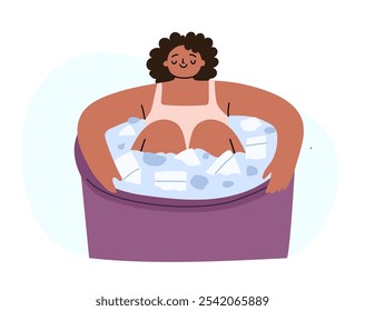 Black woman taking ice pod bath for muscle relaxation and rejuvenation concept. Flat hand drawn vector illustration isolated on white. 