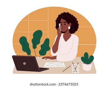 Una mujer negra está hablando por teléfono en el trabajo de la oficina. El gerente está hablando con un cliente durante una llamada telefónica. Ilustración plana vectorial.