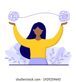 Black woman with tangled thread. Mental health problems and care concept. Flat style vector illustration.