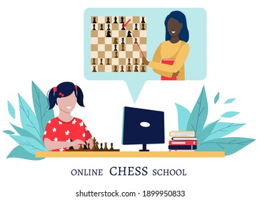 A black woman teaches a child a chess lesson. The concept of distance education. Virtual learning to play chess.  Vector illustration of a modern flat style. Space for text