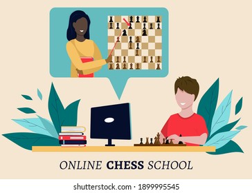 A black woman is teaching an online chess lesson to a child. Distance education concept, virtual school. Vector illustration, modern flat style