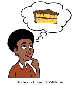 Black Woman thinking about Chocolate Cake - A cartoon illustration of a Black Woman thinking about a slice of Chocolate Cake.