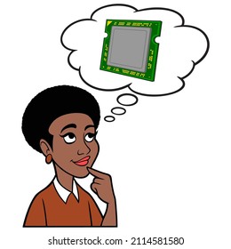 Black Woman thinking about a Computer Processor - A cartoon illustration of a Black Woman thinking about a new Computer Processor.