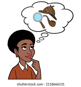 Black Woman thinking about Detective Work - A cartoon illustration of a Black Woman thinking about doing some Detective Work.