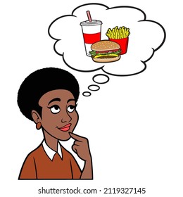 Black Woman thinking about eating Fast Food - A cartoon illustration of a Black Woman thinking about going out for  Fast Food.