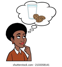 Black Woman thinking about Milk and Cookies - A cartoon illustration of a Black Woman thinking about a glass of Milk and Cookies.