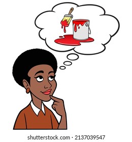 Black Woman Thinking About Painting - A Cartoon Illustration Of A Black Woman Thinking About Painting Her House.