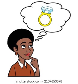 Black Woman thinking about a Wedding Ring - A cartoon illustration of a Black Woman thinking about Wedding Ring.