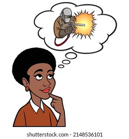 Black Woman thinking about Welding - A cartoon illustration of a Black Woman thinking about Welding for a living.