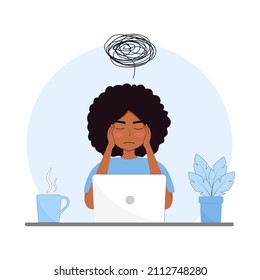 Black woman thinking Vector Flat Illustration. Woman trying to find a solution. Cartoon character.	