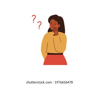 Black woman thinks about something and looks at question marks. Thoughtful African girl makes the decision or explains some things for herself. Vector illustration 