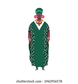 Black woman in traditional African fashion costume with green headdress and chunky jewelry. Cartoon lady in ethnic dress - flat isolated vector illustration