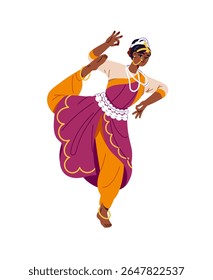 Black woman in traditional clothes shows national ethnic dance. Young Indian dancer performs, moves. Girl in sari, golden jewelry is in bharatanatyam pose. Flat isolated vector illustration on white
