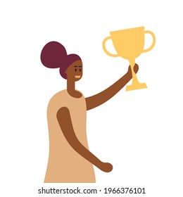 Black woman with trophy. Female success, education successful winner. Championship prize, learning award. Champion utter vector character