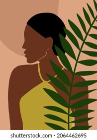 Black Woman and Tropical Leaves pattern. Modern Minimal composition with Fashion Lady in a jungle for poster, wallpaper, social media, card, flyer, wall decor, fashion magazine, cover. Exotic pattern.