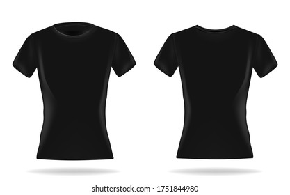 Black woman t-shirt realistic mockup set from front and back view on white background, blank textile print design template for fashion apparel - vector illustration