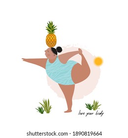 Black woman in a turquoise swimsuit stands on one leg and holds a pineapple on her head.Nice girl goes in for sports.Characters design.Vector illustration flat cartoon style.