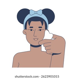 Black woman using gua sha stone for facial massage 2D vector illustration. Skin wellness. Contour face. African american female flat character isolated on white background. Colorful cartoon image