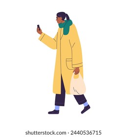 Black woman using mobile phone on the go on street. Person walking and holding smartphone, cellphone in hand, looking, reading cell outdoors. Flat vector illustration isolated on white background