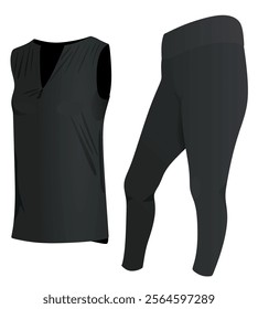 Black  woman v neck t shirt and leggings. vector