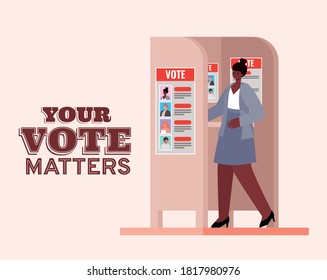 black woman at voting booth with your vote matters text design, elections day theme Vector illustration