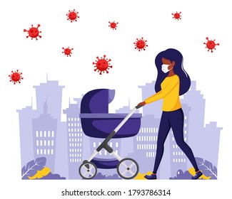 Black woman walking with baby carriage during pandemic. Black woman in face mask. Outdoor activities during pandemic. Vector illustration in flat style.