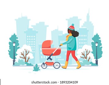 Black woman walking with baby carriage in winter. Outdoor activity. Vector illustration