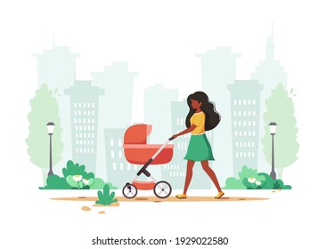 Black woman walking with baby carriage in spring. Outdoor activity. Vector illustration.